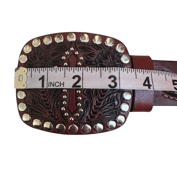 VTG Tooled Leather Belt Western Boho Cross Buckle Studded Brown Sz 34 main image 14